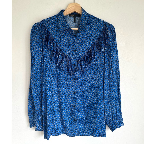 Maje Cilona Button Down Blouse Shirt in Blue - Picture 2 of 7